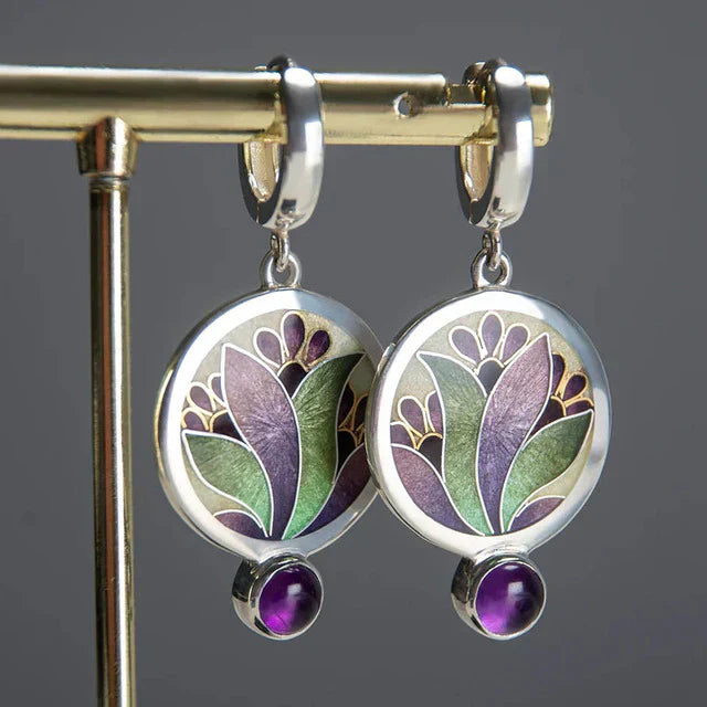 Vintage Boho Earrings with Purple Crystals | White Gold
